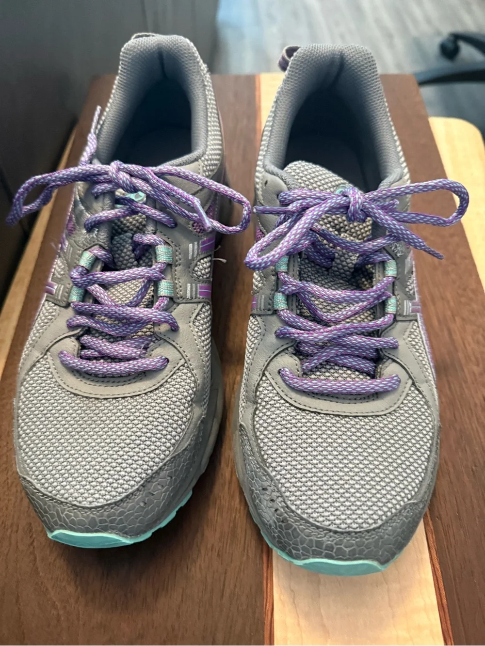 Asics Gray Running Sneakers with Purple Laces and Teal Accents